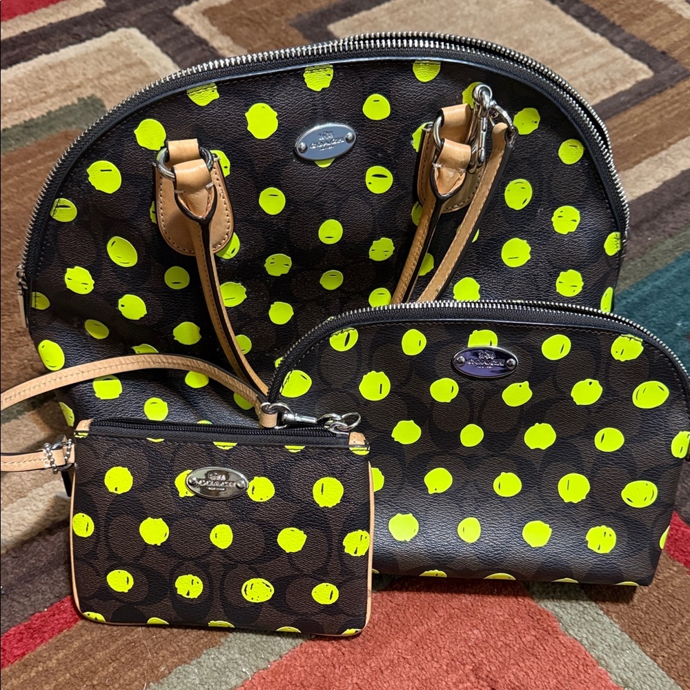 Coach Neon Yellow Polka Dot Bag Trio
